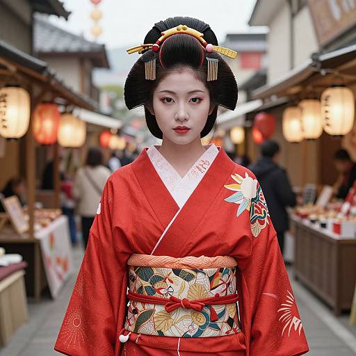 Photograph of an elegant Japanese woman in a vibrant red kimono with floral patterns, black hair in an elaborate updo, standing in a bustling,