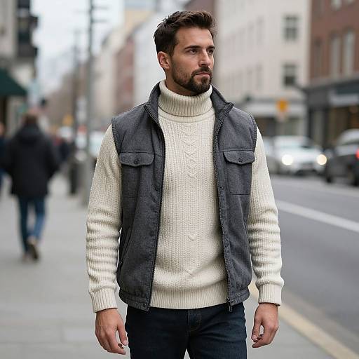 Photograph of a bearded man with short brown hair, wearing a white turtleneck sweater, gray vest, and dark jeans, walking on a