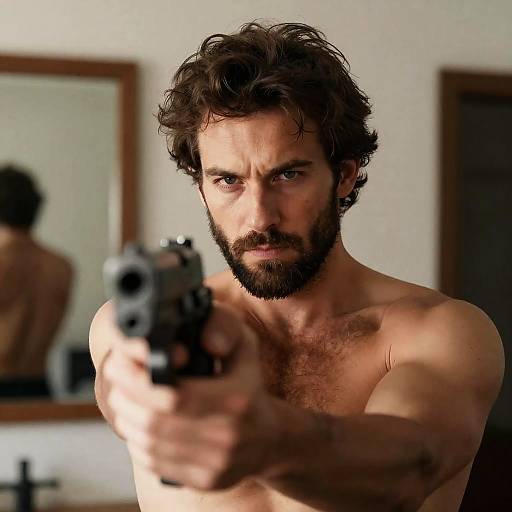 Intense Portrait of a Gun-Wielding Man