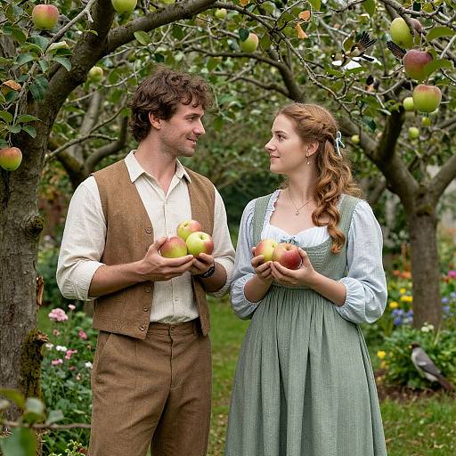 Photograph of a smiling couple holding apples under an apple tree, wearing rustic 19th-century clothing, in a blooming orchard.