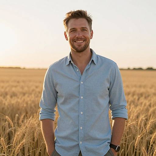 Photograph of a smiling, bearded man with short brown hair, wearing a light blue button-up shirt, standing in a golden wheat field at sunset