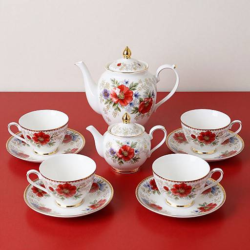 Photograph of a white floral teapot and six matching cups and saucers with red flowers, gold accents, on a red surface.