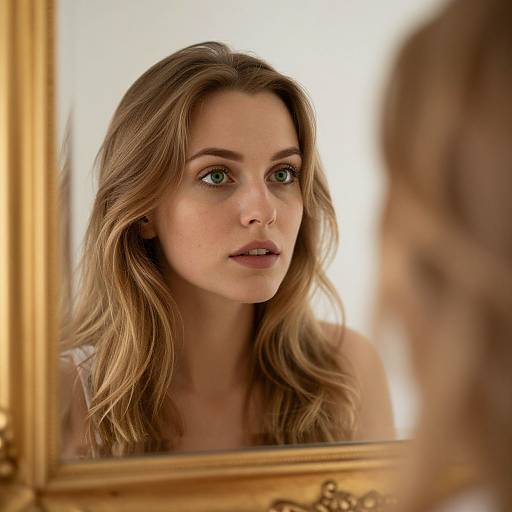 Photograph of a fair-skinned, green-eyed woman with wavy brown hair, reflecting in a golden-framed mirror, showing a contemplative expression