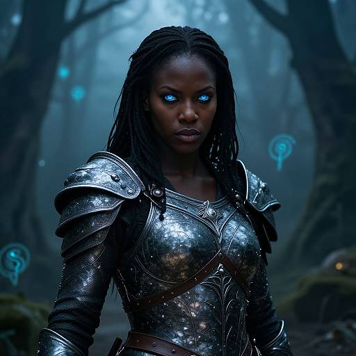 Dark-skinned woman with glowing blue eyes, wearing shiny silver armor, standing in a mystical, foggy forest with glowing blue orbs. Digital art.