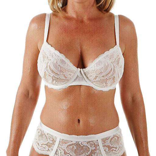 Photograph of a middle-aged woman with light brown hair, wearing a white lace bra and matching high-waisted panties, against a white background.