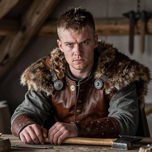 Photograph of a serious, blond, muscular man in medieval fur-trimmed leather armor, leaning on a wooden workbench in a dimly lit