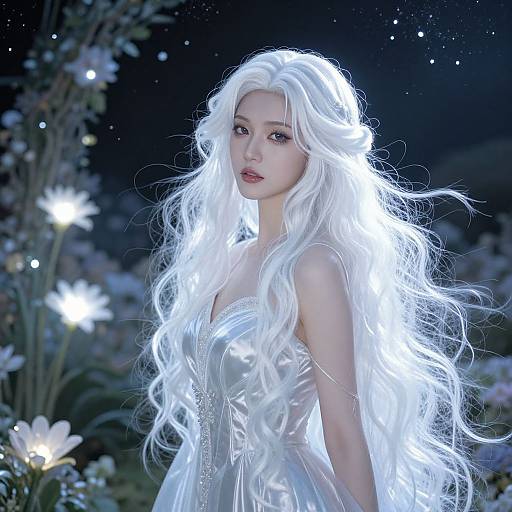 Digital art of a ethereal, pale-skinned woman with long, glowing white hair, wearing a sheer white dress, standing in a starlit garden