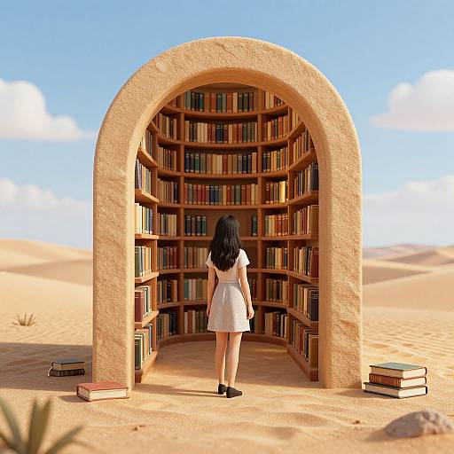 Digital art: Woman with black hair in white dress stands before arched library doorway filled with books in desert landscape.