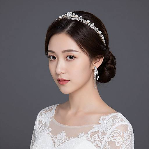Photograph of an Asian woman with fair skin, wearing a white lace dress, tiara, and dangling earrings, against a dark grey background.