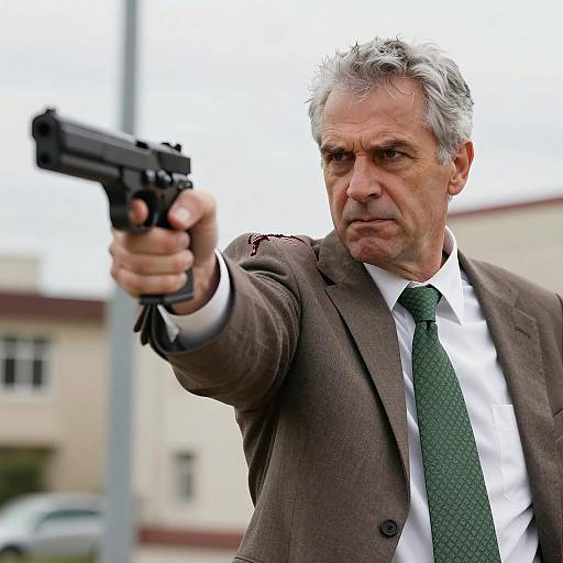 Middle-Aged Man Pointing Gun with Blood on Shoulder