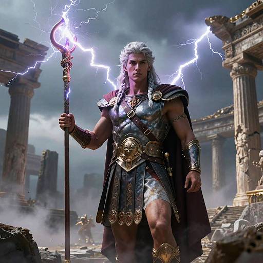 Digital artwork of a muscular, white-haired warrior with silver armor and a lightning-tipped staff, standing in a ruined, ancient temple with lightning in the