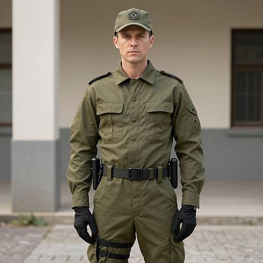 Photograph of a serious, Caucasian male military police officer in green uniform, black gloves, and cap, standing in front of a building.