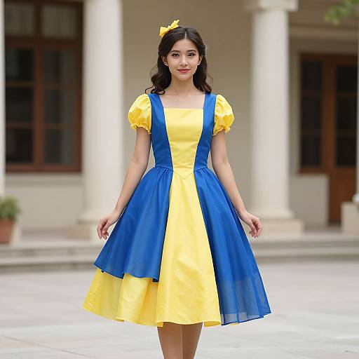 Photograph of an Asian woman with long black hair wearing a yellow and blue Snow White-inspired dress, yellow bow, and yellow puffed sleeves, standing