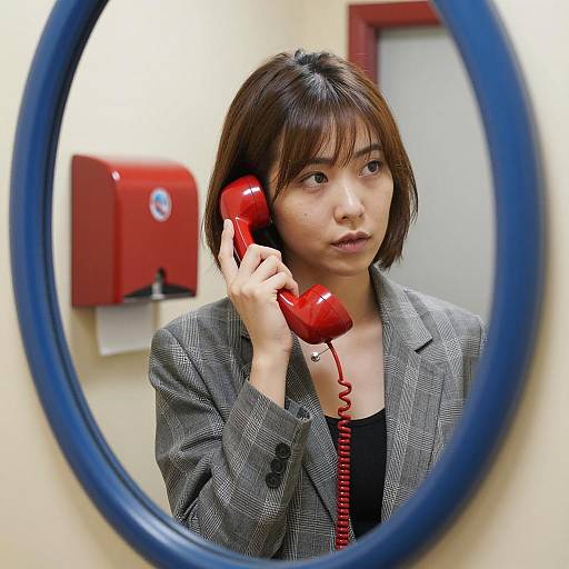 Asian Woman Using Red Rotary Phone in Mirror Reflection