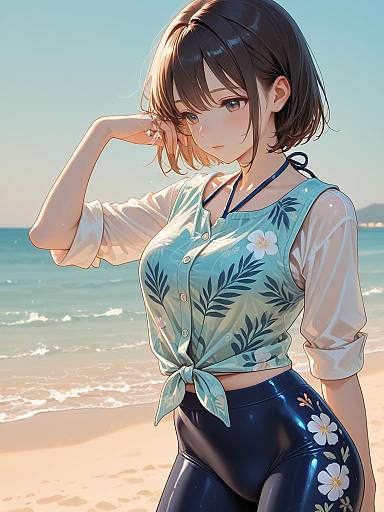 Young Woman at the Beach in Floral Tankini and Beach Vest