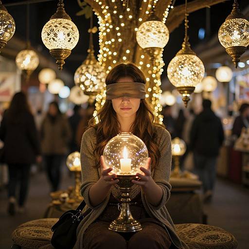 Blindfolded woman holding a glowing orb, surrounded by ornate hanging lights, in a bustling, warmly lit market setting. Photograph.