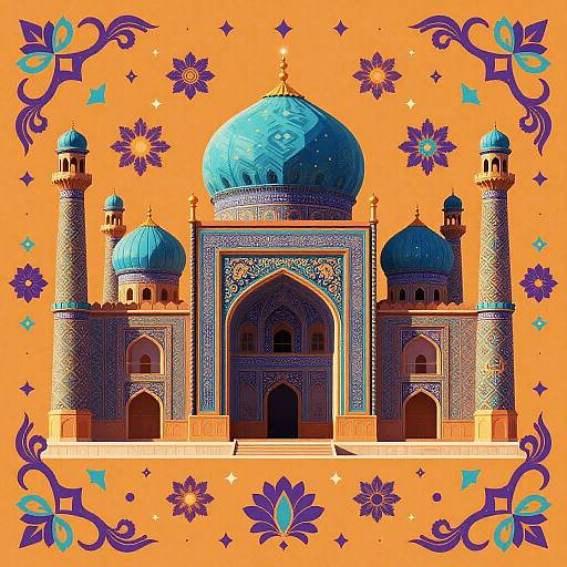 Digital illustration of a vibrant blue-domed mosque with intricate patterns, set against an orange background with floral and star motifs.