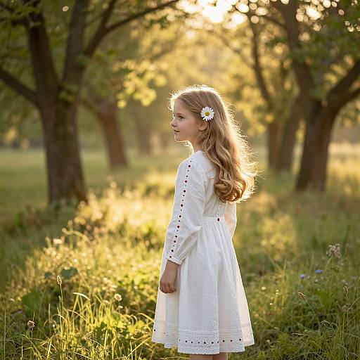 Photograph of a young blonde girl with a white daisy hair clip, wearing a white dress, standing in a sunlit, grassy orchard