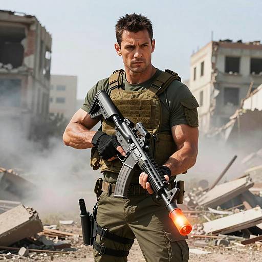 Muscular man with short dark hair, wearing tactical gear and holding a rifle, aims at a flare in a war-torn, smoke-filled, ruined