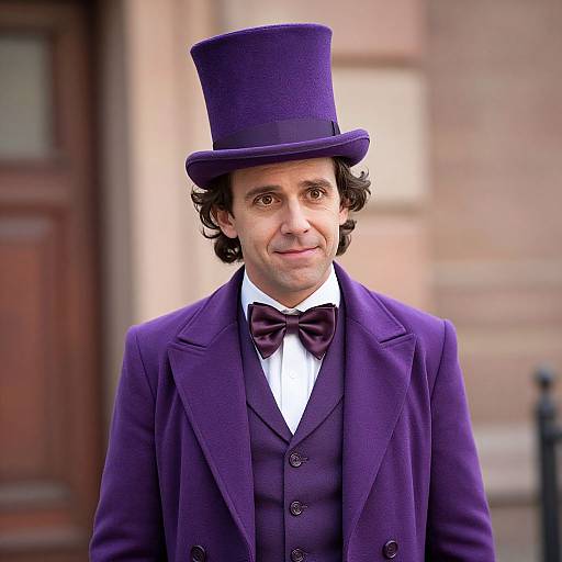 Photograph of a smiling man with medium brown hair, wearing a purple top hat, matching purple three-piece suit, and bow tie, standing in front