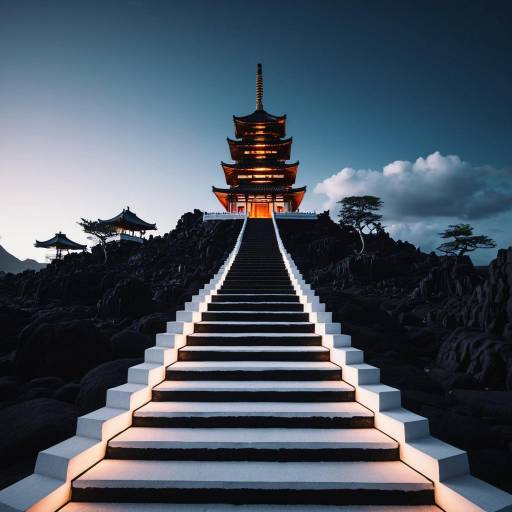 Illuminated White Steps Leading to Oriental Pagoda on Lava Island