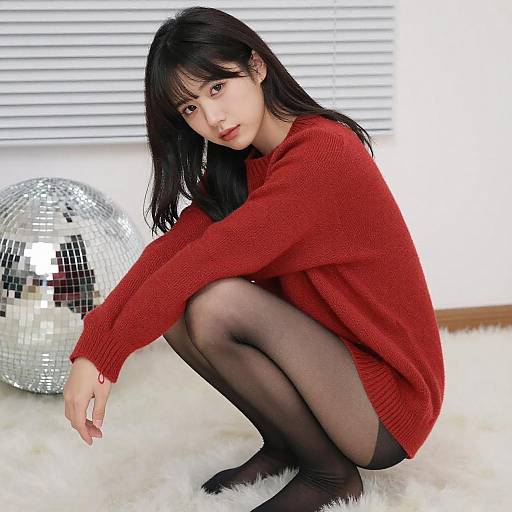 Asian Woman in Red Sweater Squatting