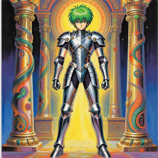 Anime Knight with Green Hair in Temple
