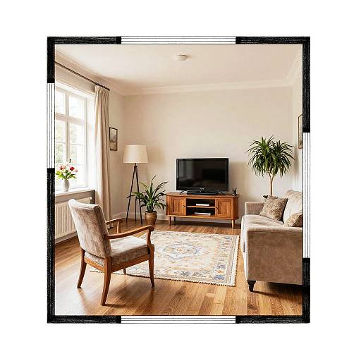 Bright living room photograph: beige armchair, wooden armchair, flat-screen TV on wooden stand, potted plant, patterned rug, floor lamp