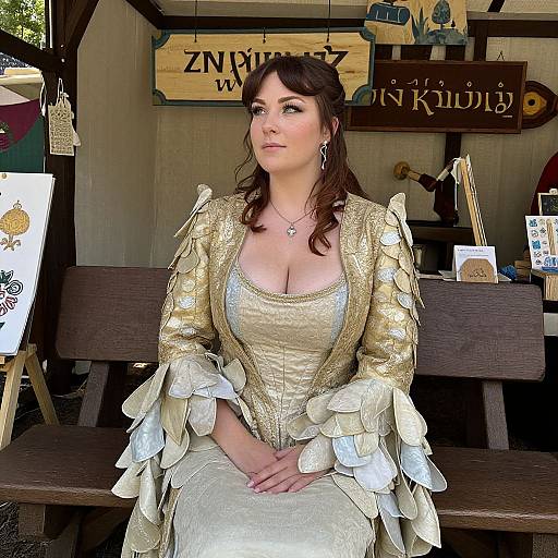 Photograph of a fair-skinned woman with dark brown hair, wearing a gold, leaf-covered medieval-style dress and necklace, seated outdoors at a craft