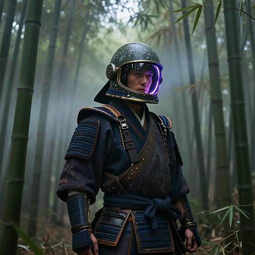 Samurai in Space Helmet in Bamboo Forest