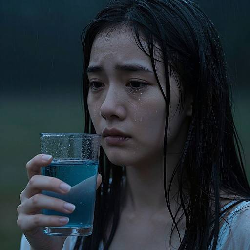 Photograph of a wet-haired, Asian teenage girl with serious expression, holding a glass of blue water, against a dark, blurred background.