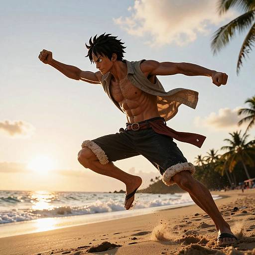Muscular, shirtless man with spiky black hair and brown shorts jumps on a sunny beach at sunset, palm trees in background. Digital art.