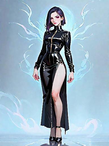 Dark Fantasy Woman in Glossy Black Leather Outfit