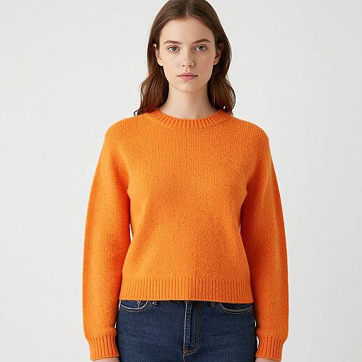 Photograph of a young woman with straight brown hair, wearing an orange knit sweater and dark blue jeans, standing against a plain white background.