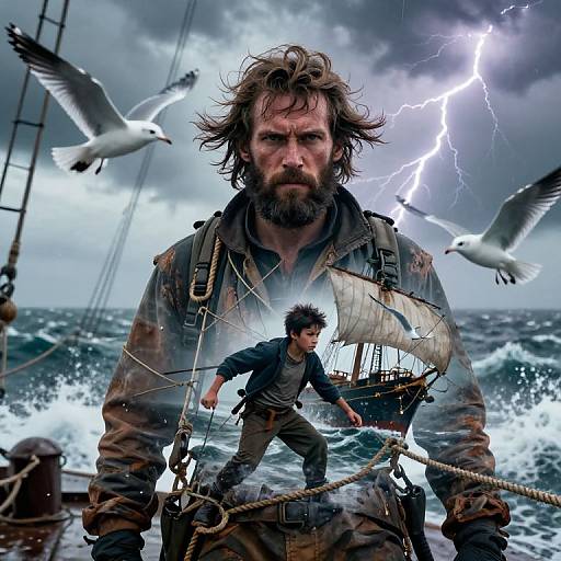 Photorealistic digital art of a bearded man with wild hair, rugged clothing, and lightning storm backdrop, standing on a stormy ship with se