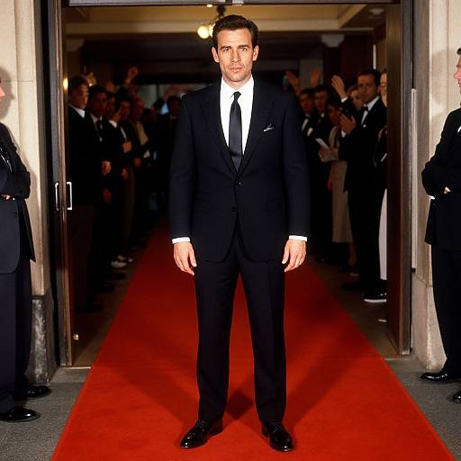 Photograph of a man in a black suit and white shirt standing on a red carpet, surrounded by a crowd in formal attire.