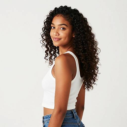 Photograph of a smiling young woman with curly black hair, wearing a white sleeveless top and blue jeans, against a white background.