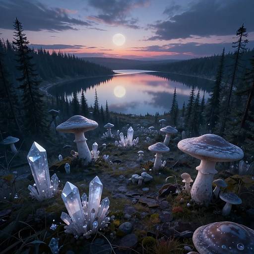 Digital painting: Glowing crystal formations surround large mushrooms near a serene lake, reflecting a twilight sunset with pink and blue hues. Silhouetted trees