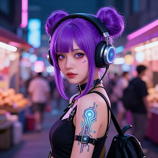 Digital artwork of a purple-haired anime girl with double buns, wearing headphones, black tank top, and glowing arm tattoo, in a neon-lit