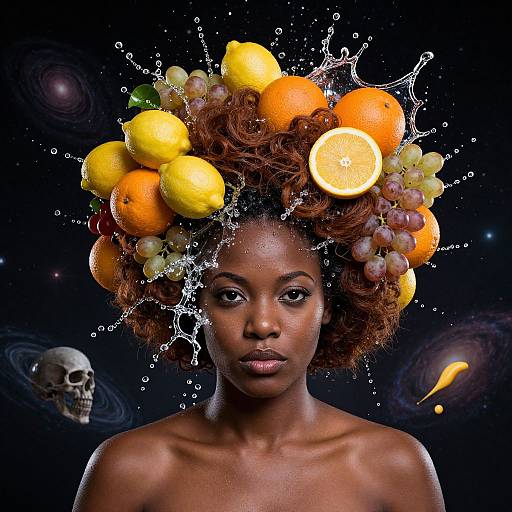 Photograph of a dark-skinned woman with a vibrant fruit crown, splashing water, skull, and galaxies in the background. Orange, lemon,