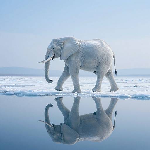 Photograph of an elephant walking on a calm, reflective ice surface, with its mirrored reflection below, under a bright blue sky.