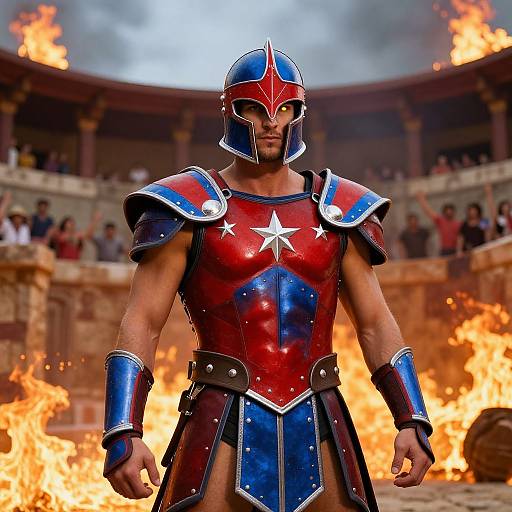 Photorealistic CGI: Muscular man with red and blue star-emblazoned armor, helmet, stands in fiery arena, spectators in background.