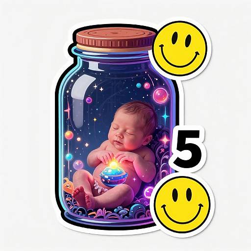Digital artwork of a sleeping baby with closed eyes, holding a glowing orb, in a jar with colorful bubbles and smiley faces 