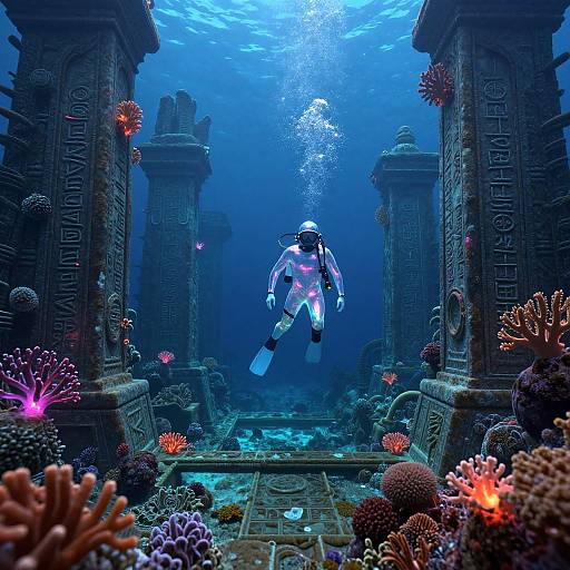 Underwater photograph of a scuba diver in neon gear exploring a vibrant, ancient temple ruins adorned with glowing coral and surrounded by illuminated columns.