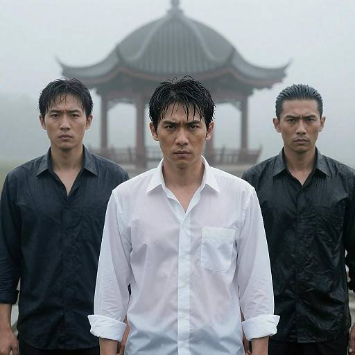 Three men standing in foggy outdoor setting