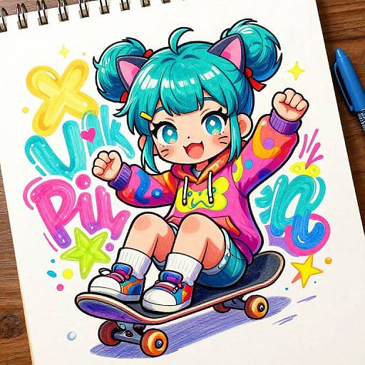 Chibi-style digital drawing of a blue-haired girl with cat ears, wearing a pink hoodie and shorts, skateboarding with colorful 