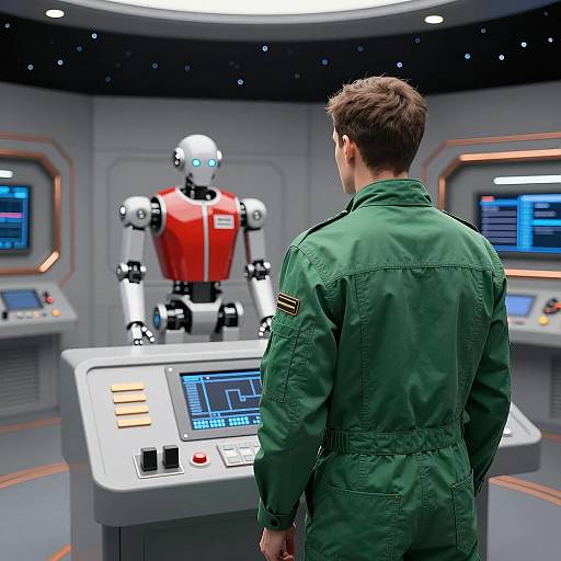 Man Facing Robot in Futuristic Control Room