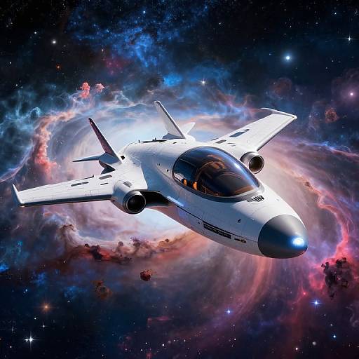Digital artwork of a sleek, white, futuristic jet fighter soaring through a vibrant, colorful galaxy with swirling nebulae and twinkling stars.