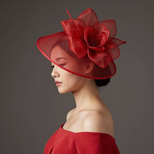Photograph of an elegant Asian woman with fair skin, wearing a red off-shoulder top and a large, intricate red mesh fascinator with a