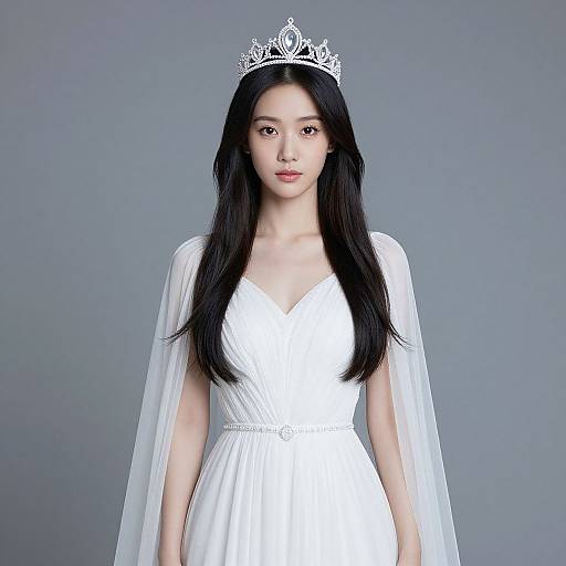 Photograph of an East Asian woman with long black hair, wearing a white dress, silver tiara, and veil, against a gray background.